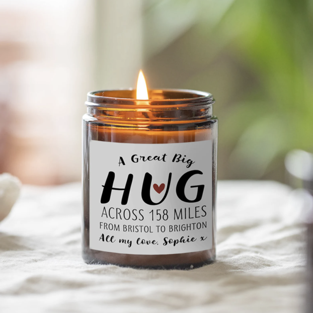 Hampers and Gifts to the UK - Send the Personalised Hugs Across the Miles Candle 